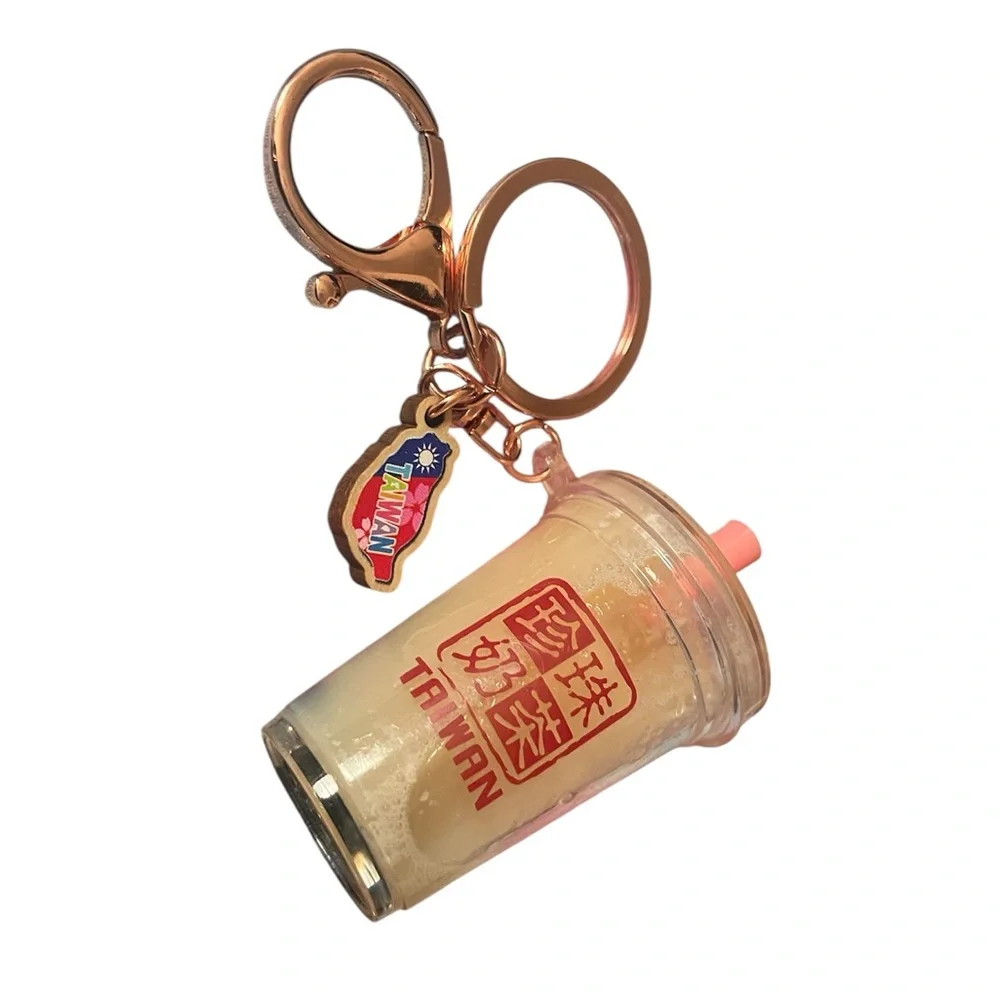 Taiwan Souvenir Boba Milk Tea Keychain Cup Pink Straw Liquid‎ Travel Fob Mini